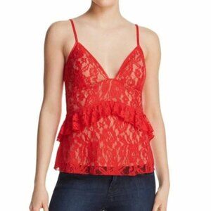 French Connection Size S Red Lace over Nude Ruffle Trim Sleeveless Peplum Top